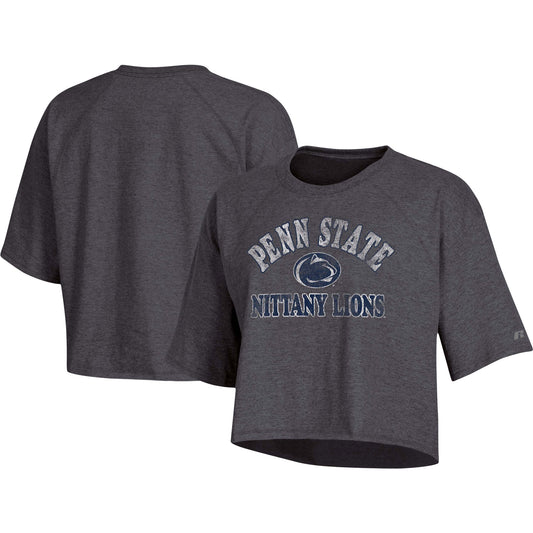 Women's Russell Heathered Charcoal Penn State Nittany Lions Raglan Half-Sleeve Cropped T-Shirt