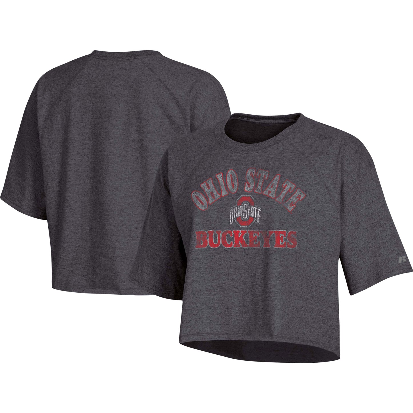 Women's Russell Heathered Charcoal Ohio State Buckeyes Raglan Half-Sleeve Cropped T-Shirt