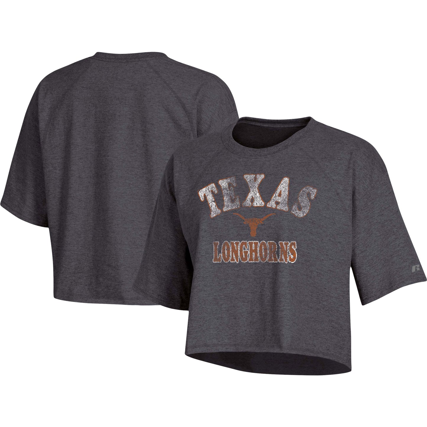 Women's Russell Heathered Charcoal Texas Longhorns Raglan Half-Sleeve Cropped T-Shirt