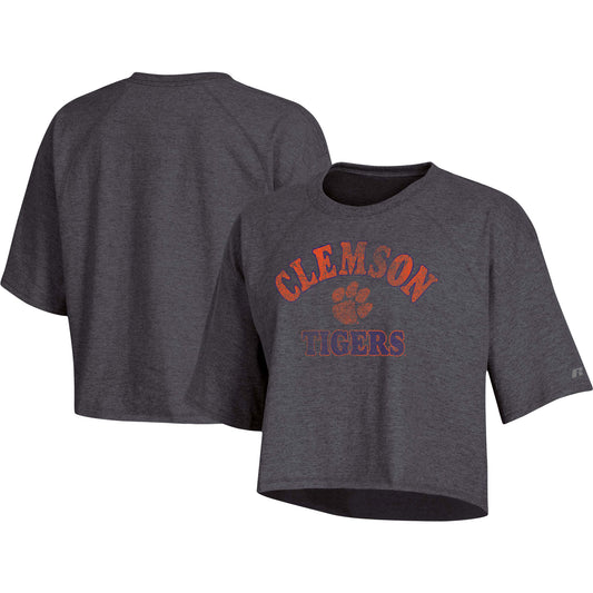 Women's Russell Heathered Charcoal Clemson Tigers Raglan Half-Sleeve Cropped T-Shirt