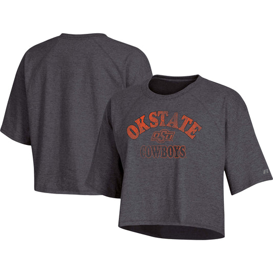 Women's Russell Heathered Charcoal Oklahoma State Cowboys Raglan Half-Sleeve Cropped T-Shirt