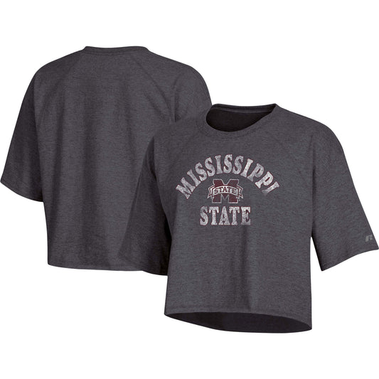 Women's Russell Heathered Charcoal Mississippi State Bulldogs Raglan Half-Sleeve Cropped T-Shirt