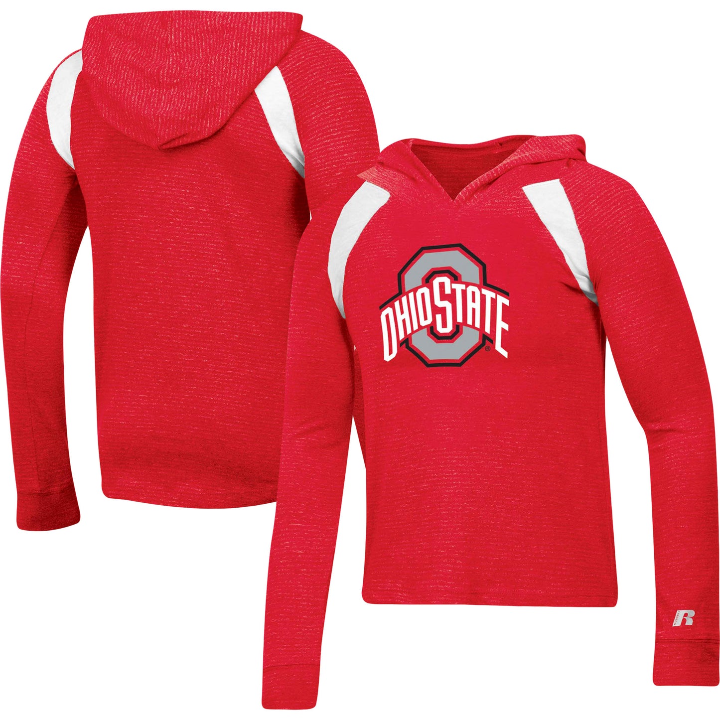 Women's Russell Heathered Scarlet Ohio State Buckeyes V-Neck Long Sleeve Raglan Hoodie T-Shirt