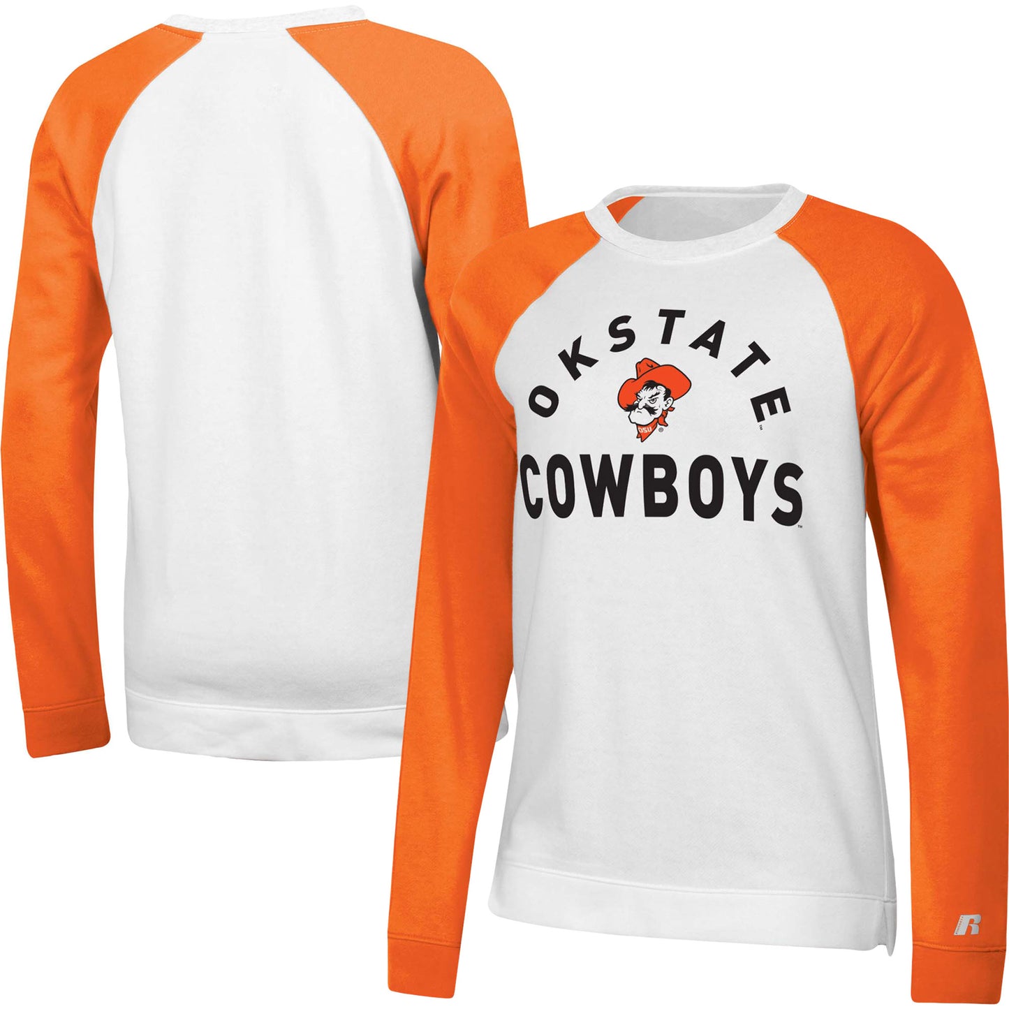 Women's Russell White/Orange Oklahoma State Cowboys Fleece Raglan Pullover Sweatshirt