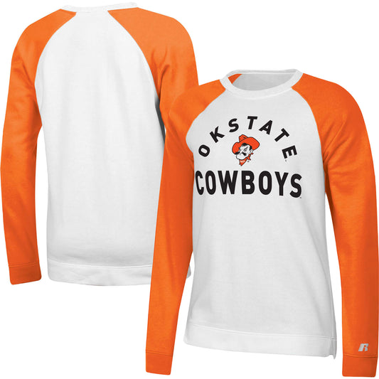 Women's Russell White/Orange Oklahoma State Cowboys Fleece Raglan Pullover Sweatshirt