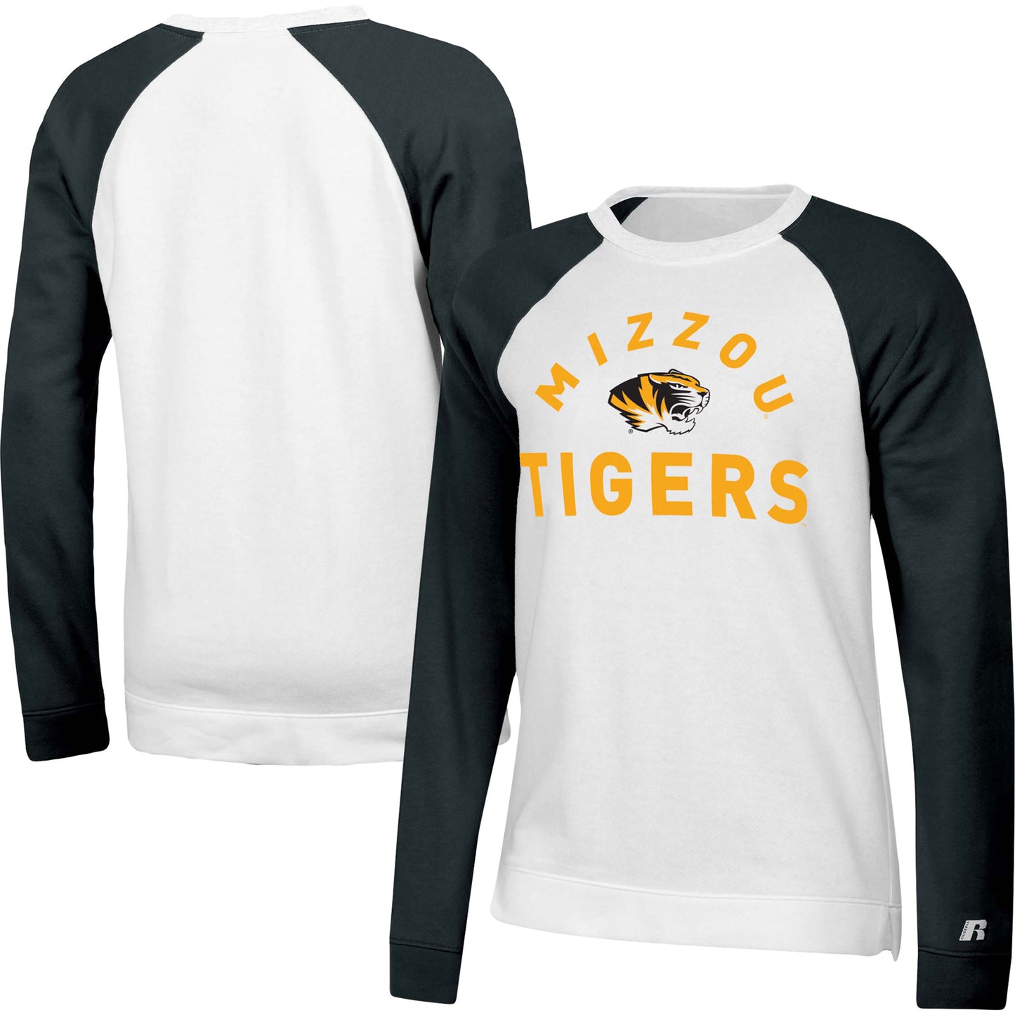 Women's Russell White/Black Missouri Tigers Fleece Raglan Pullover Sweatshirt