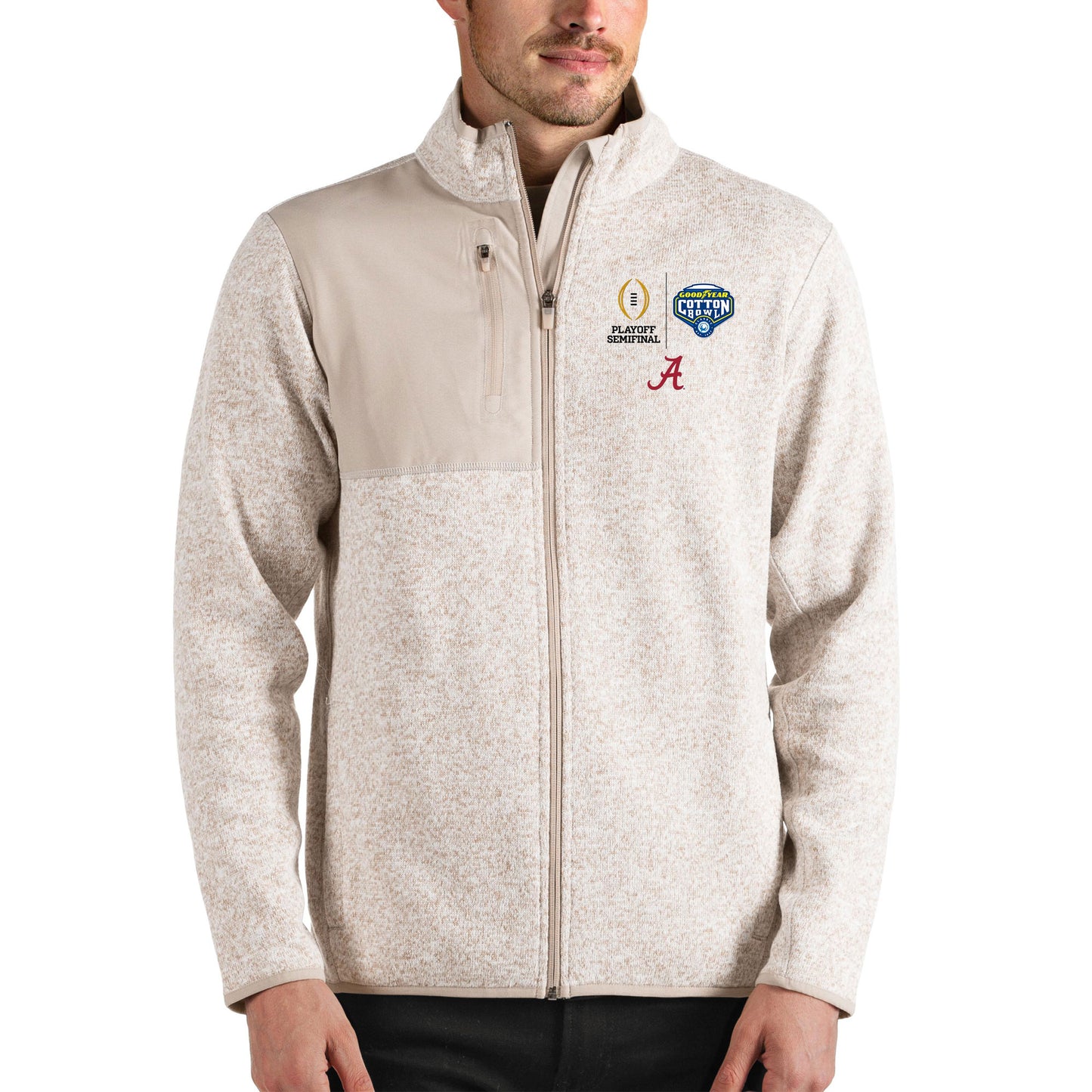 Men's Antigua Oatmeal Alabama Crimson Tide College Football Playoff 2021 Cotton Bowl Bound Fortune Full-Zip Jacket