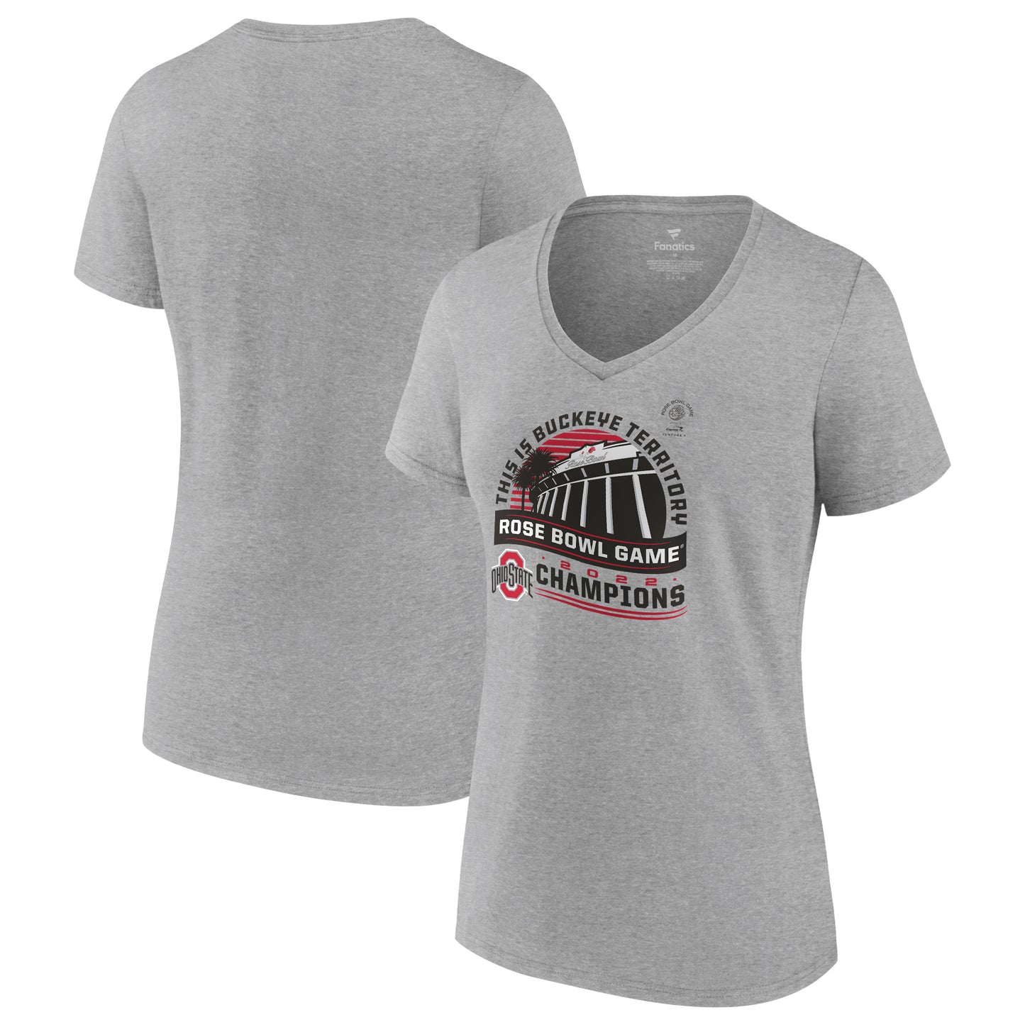 Women's Fanatics Heathered Gray Ohio State Buckeyes 2022 Rose Bowl Champions Captain V-Neck T-Shirt