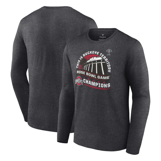 Men's Fanatics Heathered Charcoal Ohio State Buckeyes 2022 Rose Bowl Champions Captain Long Sleeve T-Shirt