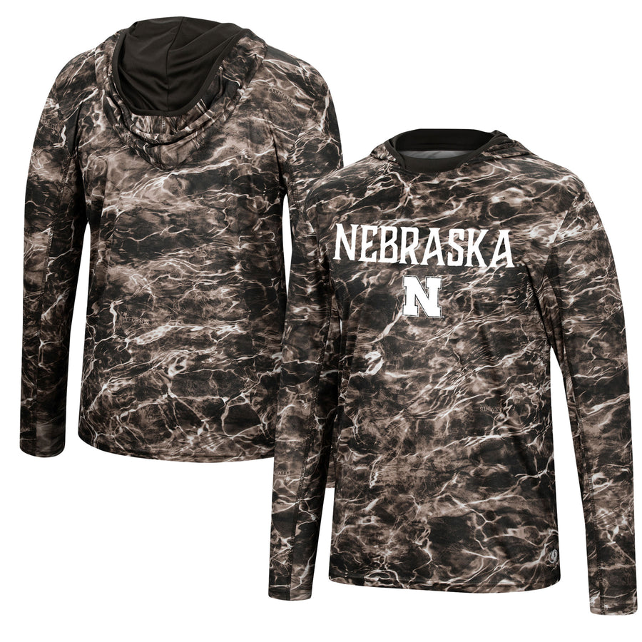 Men's Colosseum Black Nebraska Huskers Mossy Oak SPF 50 Performance Long Sleeve Hoodie T-Shirt