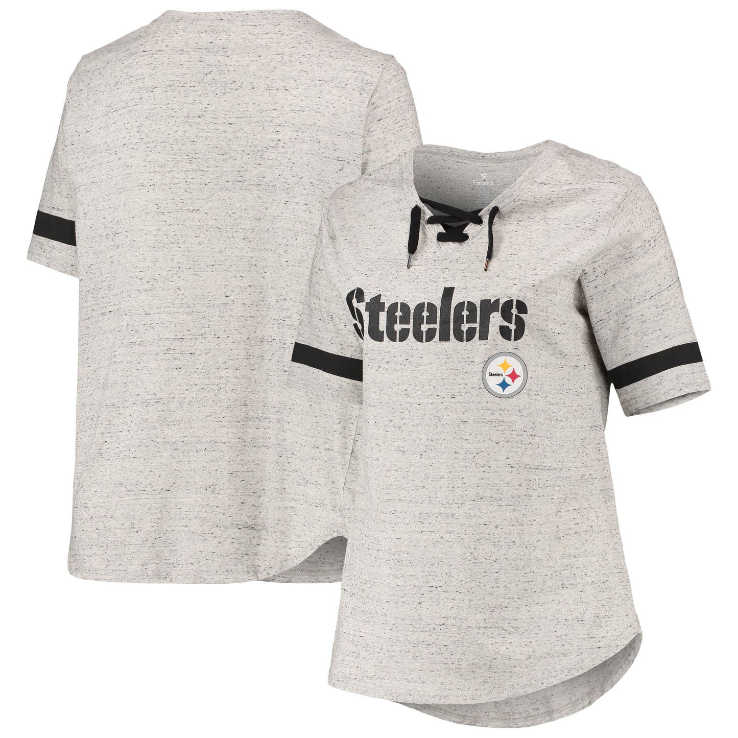 Women's Heathered Gray Pittsburgh Steelers Plus Size Lace-Up V-Neck T-Shirt