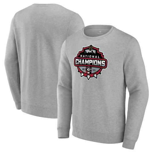 Men's Fanatics Heathered Gray Georgia Bulldogs College Football Playoff 2021 National Champions Officials Crewneck Pullover Sweatshirt