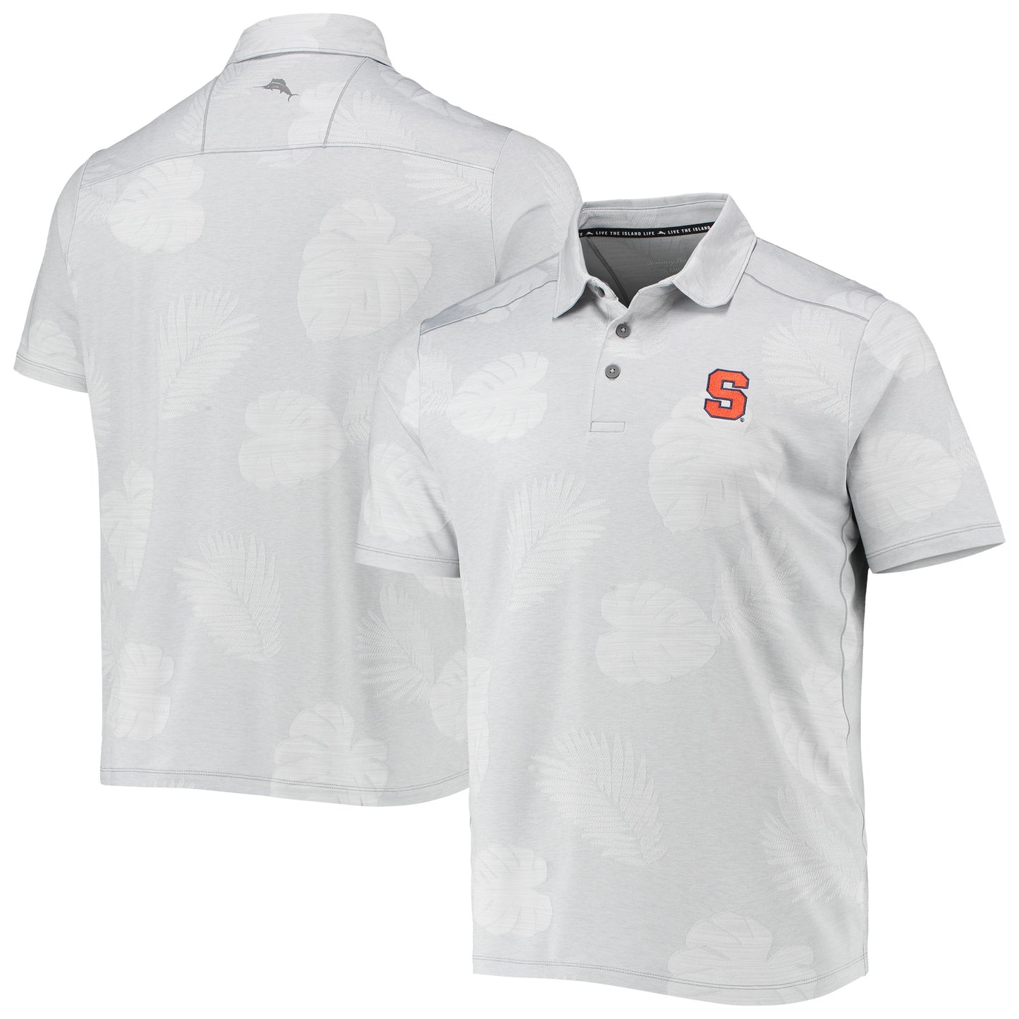 Men's Tommy Bahama Gray Syracuse Orange Palm Coast Delray Frond IslandZone Allover Print Polo