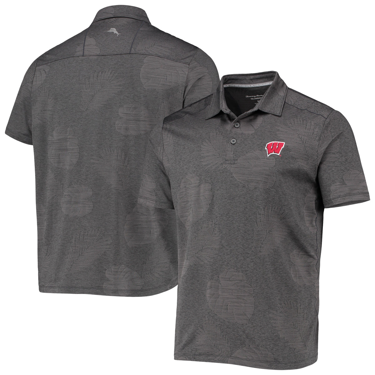 Men's Tommy Bahama Charcoal Wisconsin Badgers Palm Coast Delray Frond IslandZone Allover Print Polo