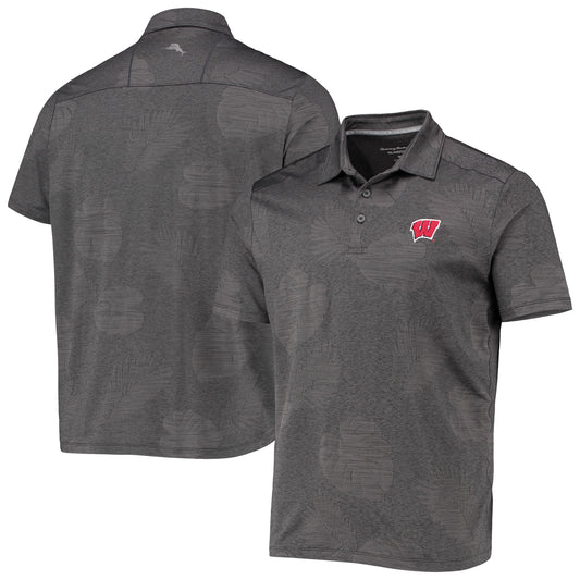 Men's Tommy Bahama Charcoal Wisconsin Badgers Palm Coast Delray Frond IslandZone Allover Print Polo