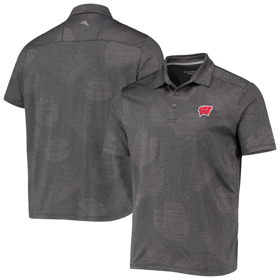 Men's Tommy Bahama Charcoal Wisconsin Badgers Palm Coast Delray Frond IslandZone Allover Print Polo