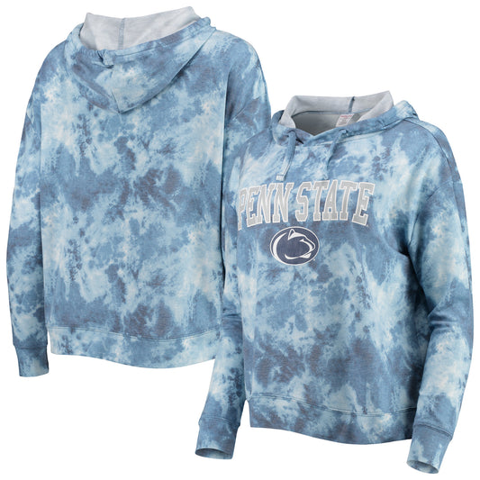 Women's Navy Penn State Nittany Lions Hairpin Tie-Dye Cropped Tri-Blend Long Sleeve Hoodie T-Shirt