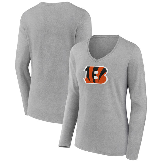 Women's Heather Gray Cincinnati Bengals Primary Team Logo Long Sleeve V-Neck T-Shirt