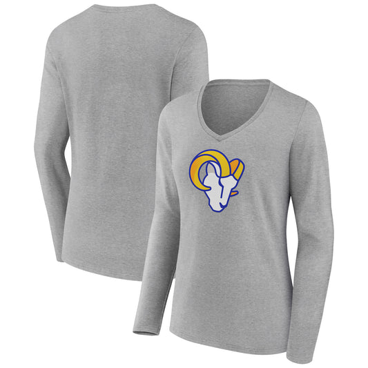 Women's Heather Gray Los Angeles Rams Primary Team Logo Long Sleeve V-Neck T-Shirt