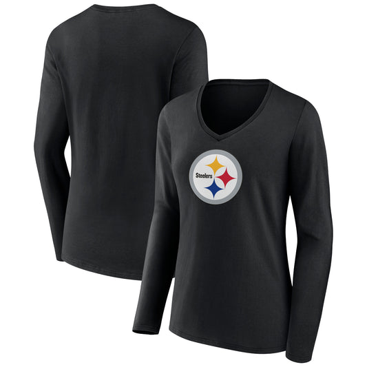 Women's Black Pittsburgh Steelers Primary Team Logo Long Sleeve V-Neck T-Shirt