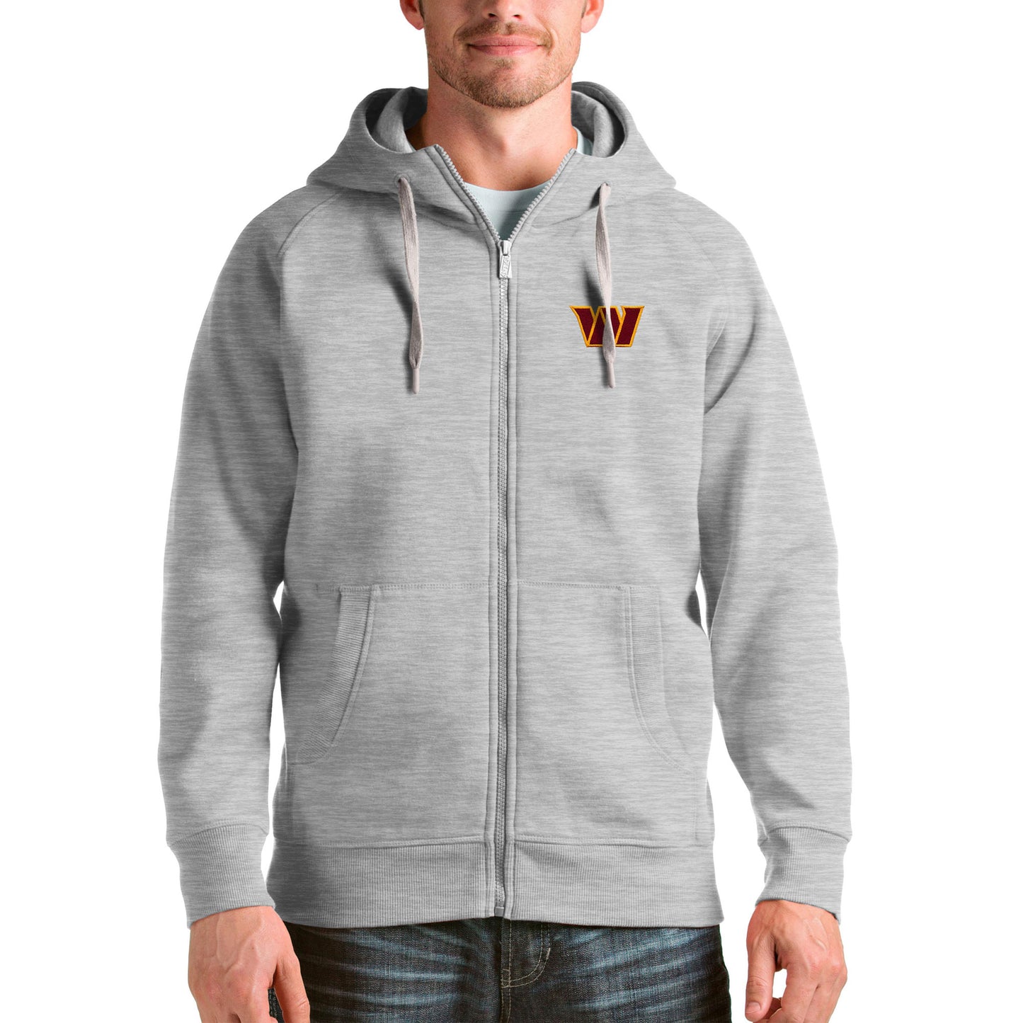 Men's Antigua Heathered Gray Washington Commanders Victory Full-Zip Hoodie