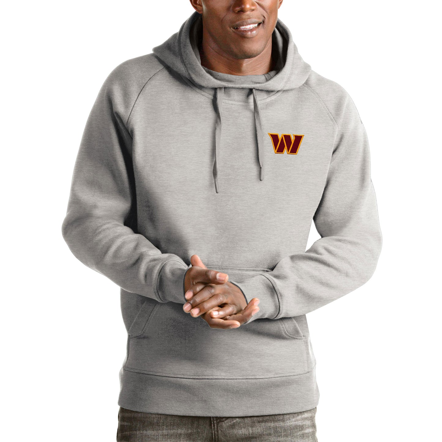 Men's Antigua Heathered Gray Washington Commanders Victory Pullover Hoodie