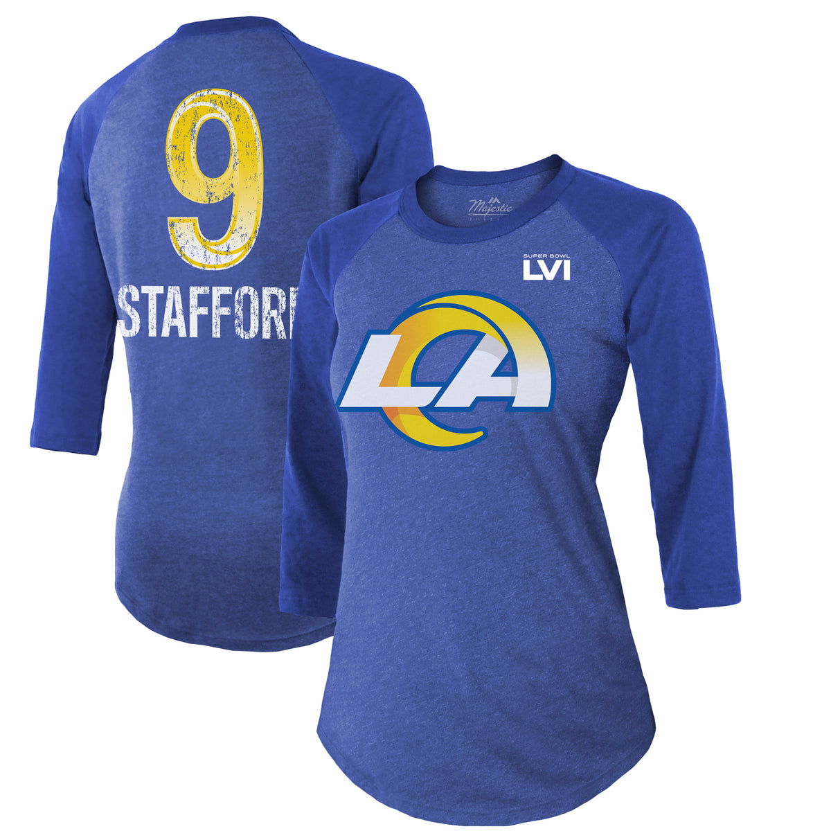Women's Majestic Threads Matthew Stafford Royal Los Angeles Rams Super Bowl LVI Name & Number Raglan 3/4 Sleeve T-Shirt