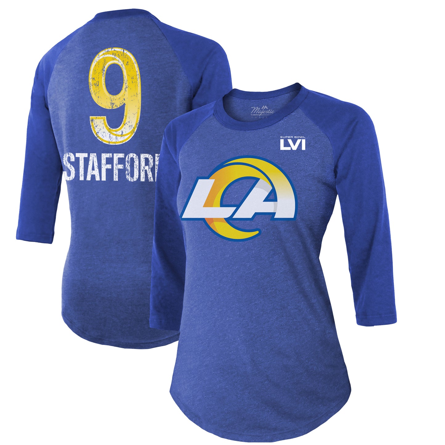 Women's Majestic Threads Matthew Stafford Royal Los Angeles Rams Super Bowl LVI Name & Number Raglan 3/4 Sleeve T-Shirt