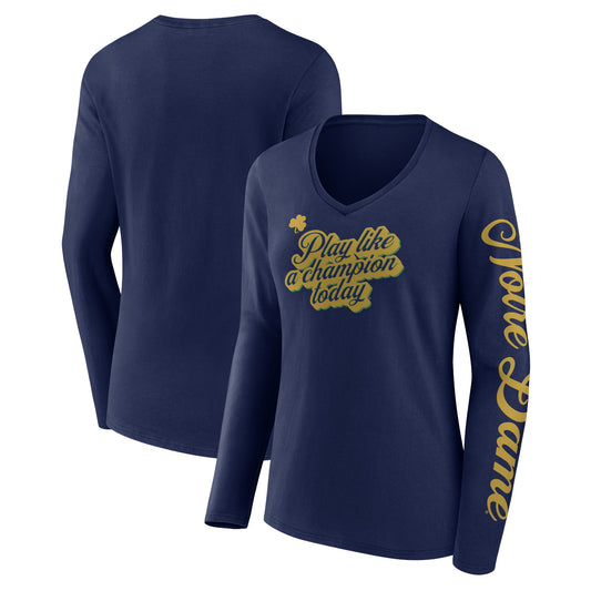 Women's Fanatics Navy Notre Dame Fighting Irish Play Like a Champion Today 2-Hit V-Neck Long Sleeve T-Shirt