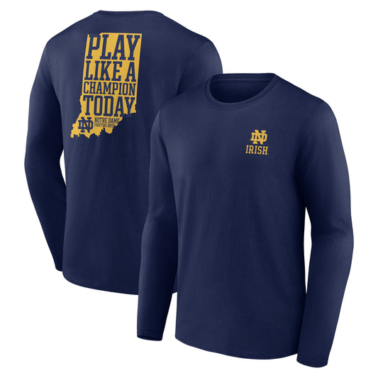 Men's Fanatics Navy Notre Dame Fighting Irish Hometown Play Like A Champion Today Logo 2-Hit Long Sleeve T-Shirt