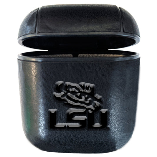 Black LSU Tigers Faux Leather Airpods Case