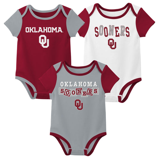 Infant Crimson/Gray/White Oklahoma Sooners Wordmark 3-Pack Bodysuit Set