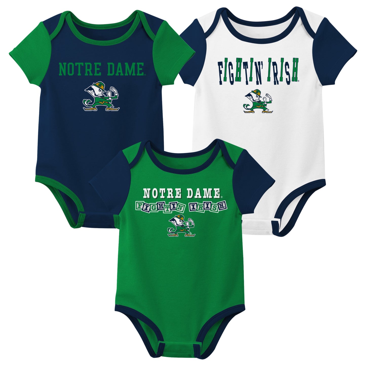 Infant Navy/Green/White Notre Dame Fighting Irish Wordmark 3-Pack Bodysuit Set