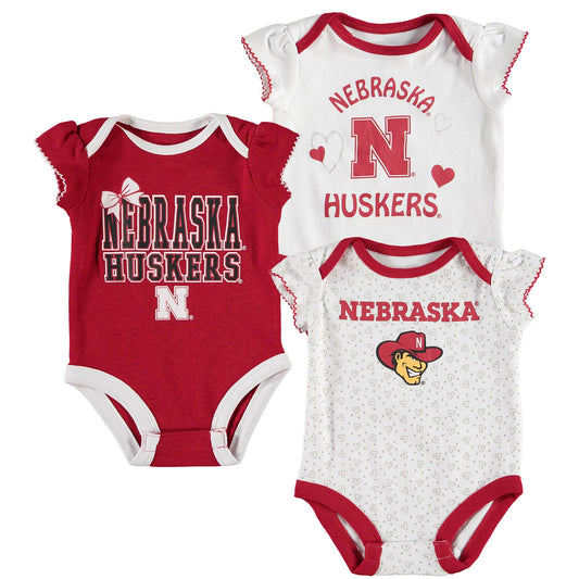 Girls Newborn & Infant White/Scarlet/White Nebraska Huskers Wordmark 3-Pack Bodysuit Set