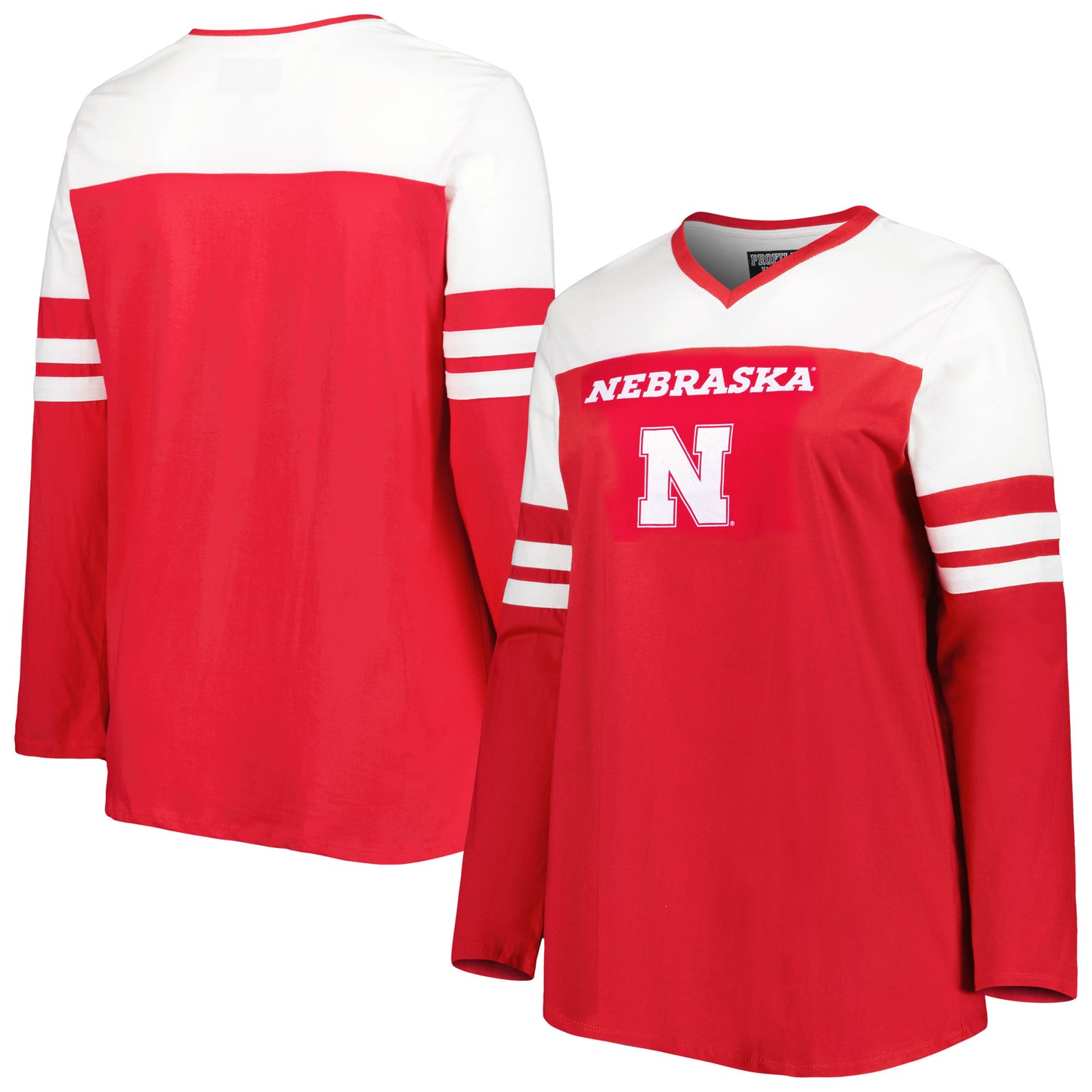 Women's Scarlet Nebraska Huskers Plus Size Long Sleeve Stripe V-Neck T-Shirt