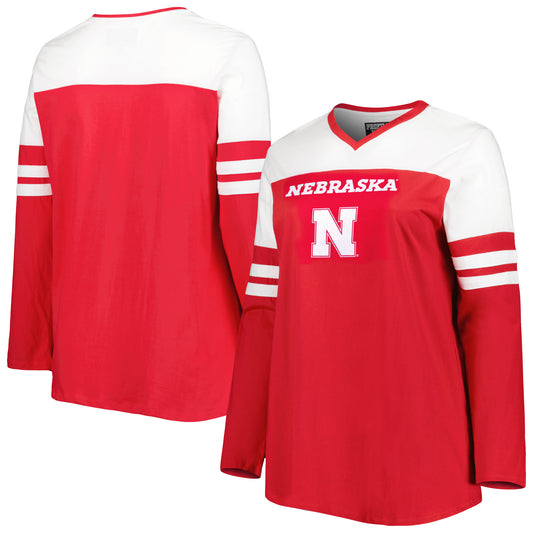 Women's Scarlet Nebraska Huskers Plus Size Long Sleeve Stripe V-Neck T-Shirt