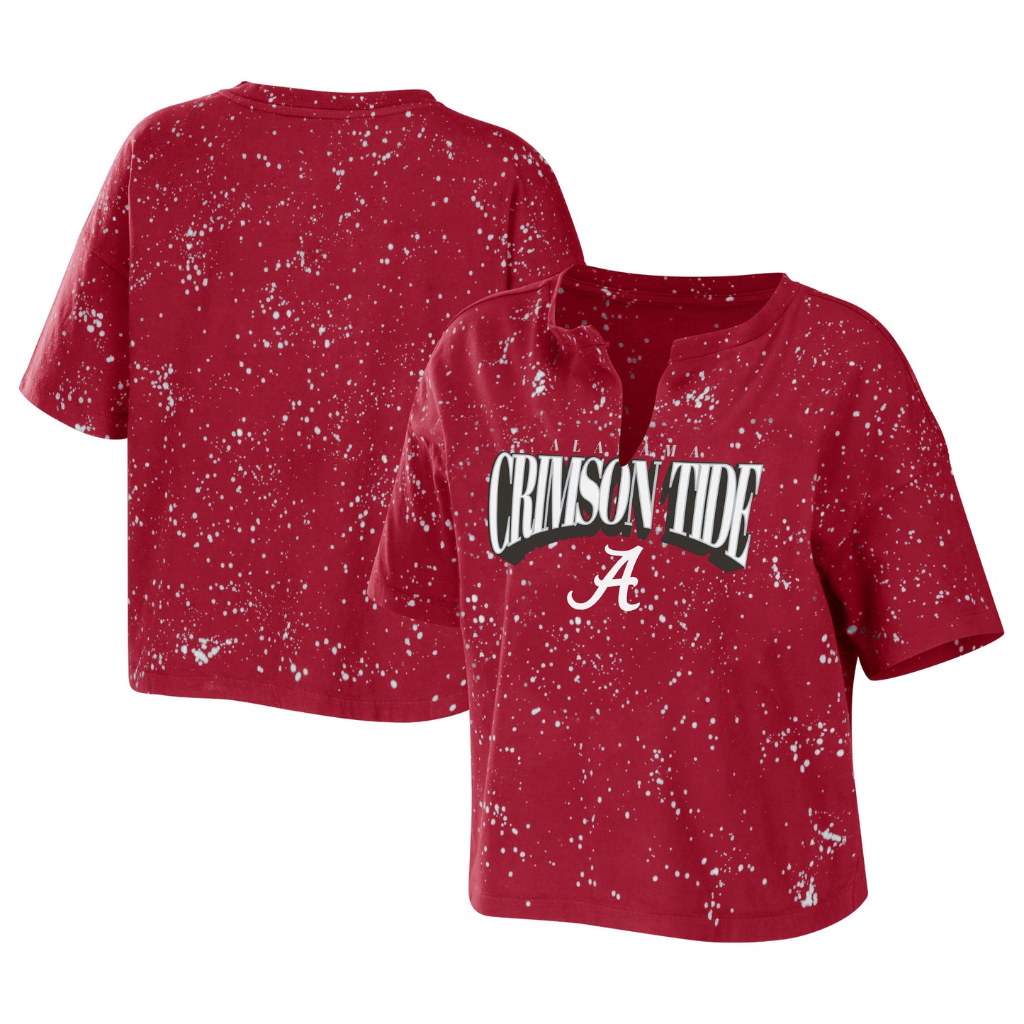 Women's WEAR by Erin Andrews Crimson Alabama Crimson Tide Bleach Wash Splatter Cropped Notch Neck T-Shirt