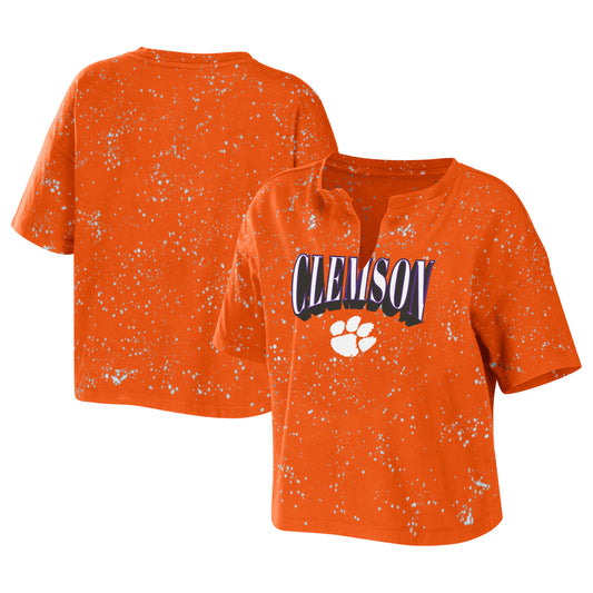 Women's WEAR by Erin Andrews Orange Clemson Tigers Bleach Wash Splatter Cropped Notch Neck T-Shirt