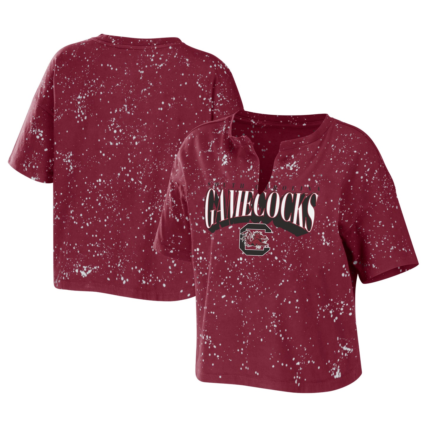 Women's WEAR by Erin Andrews Garnet South Carolina Gamecocks Bleach Wash Splatter Cropped Notch Neck T-Shirt