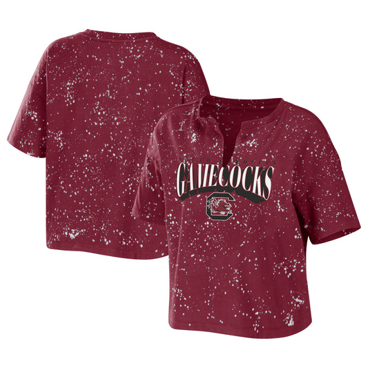 Women's WEAR by Erin Andrews Garnet South Carolina Gamecocks Bleach Wash Splatter Cropped Notch Neck T-Shirt