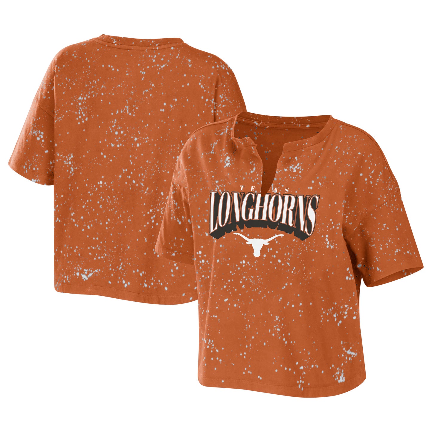 Women's WEAR by Erin Andrews Texas Orange Texas Longhorns Bleach Wash Splatter Cropped Notch Neck T-Shirt