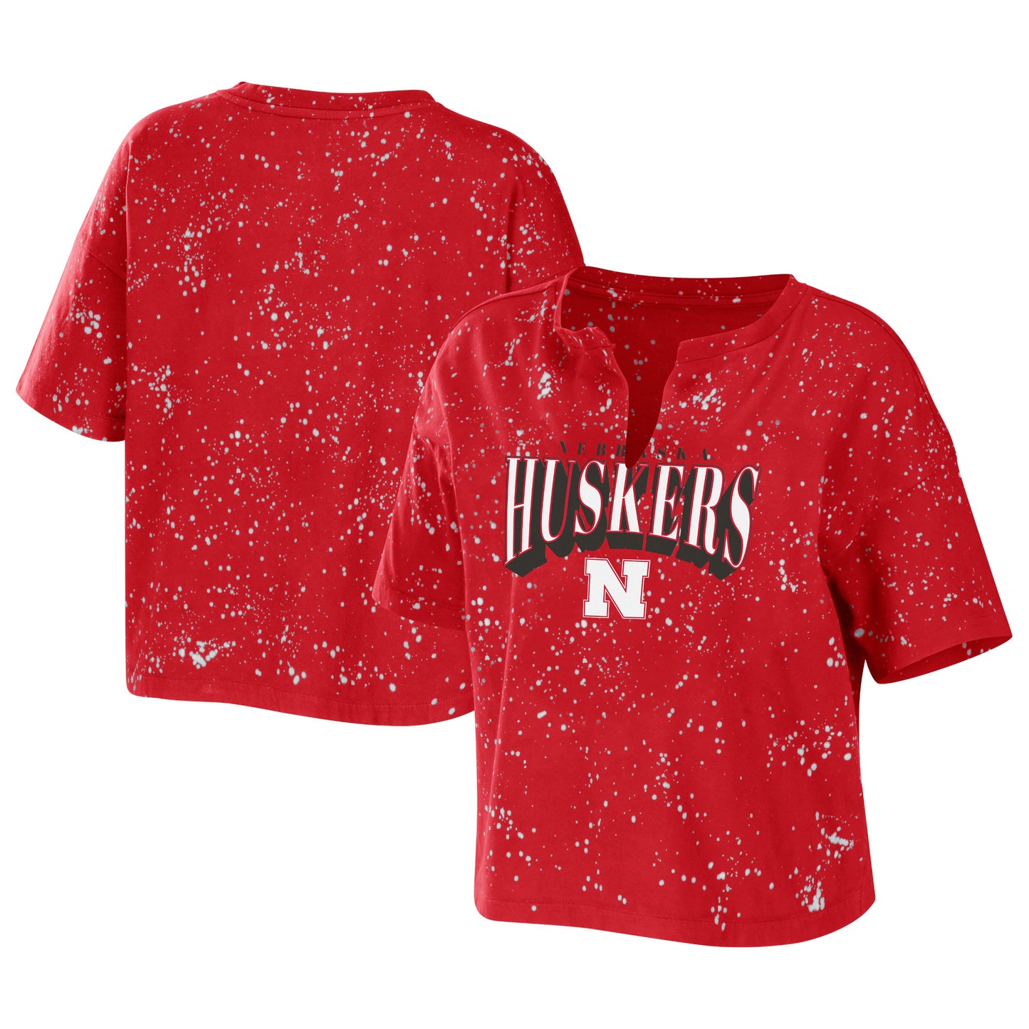 Women's WEAR by Erin Andrews Scarlet Nebraska Huskers Bleach Wash Splatter Cropped Notch Neck T-Shirt