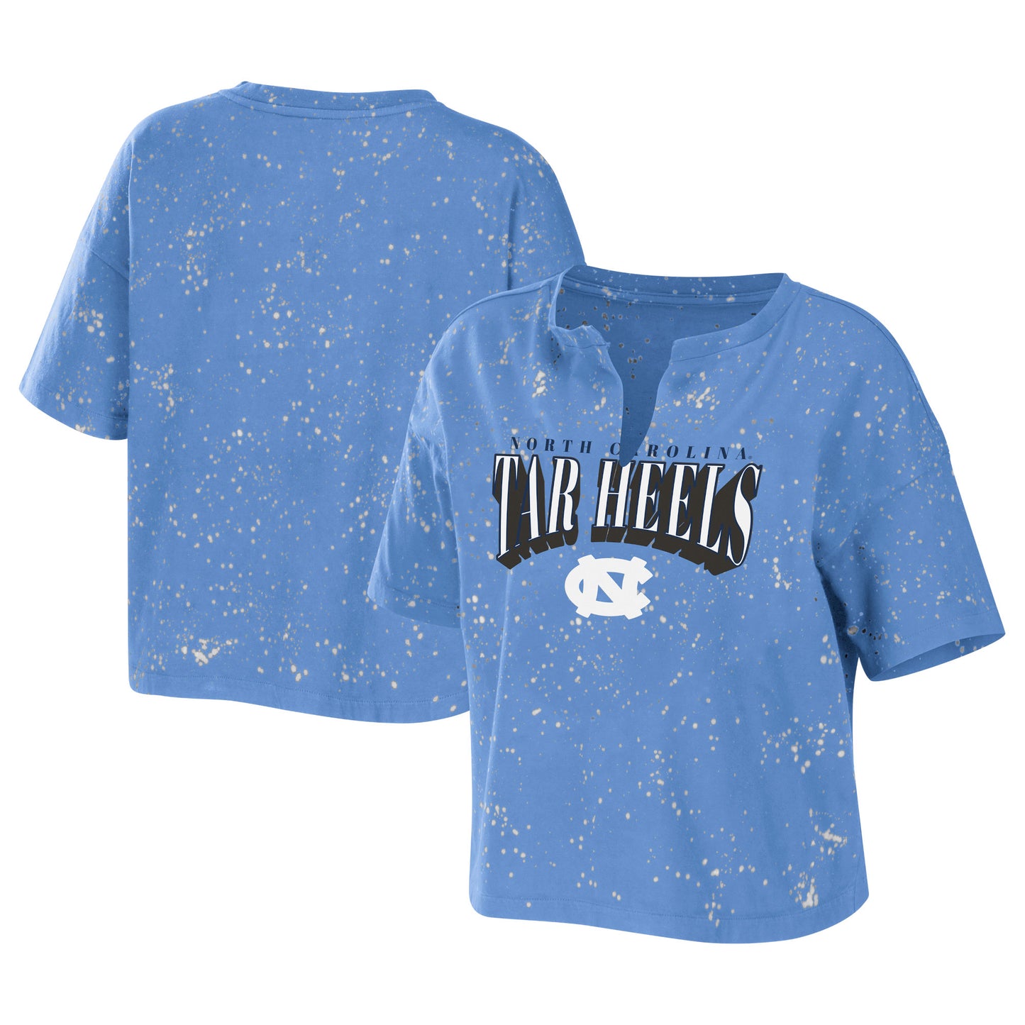 Women's WEAR by Erin Andrews Carolina Blue North Carolina Tar Heels Bleach Wash Splatter Cropped Notch Neck T-Shirt