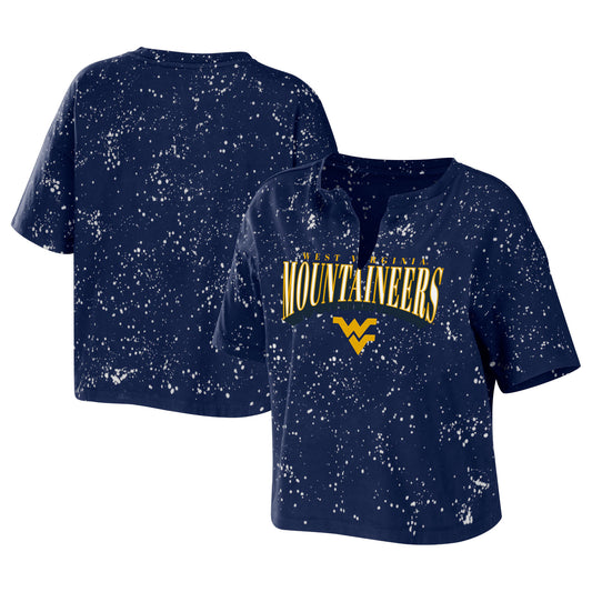 Women's WEAR by Erin Andrews Navy West Virginia Mountaineers Bleach Wash Splatter Cropped Notch Neck T-Shirt