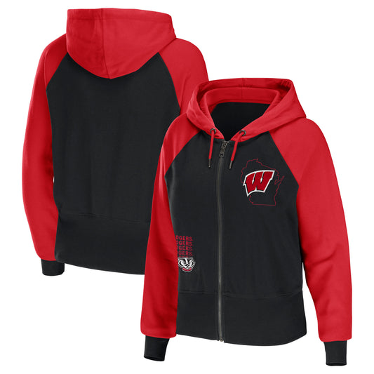 Women's WEAR by Erin Andrews Black Wisconsin Badgers Raglan Full-Zip Hoodie