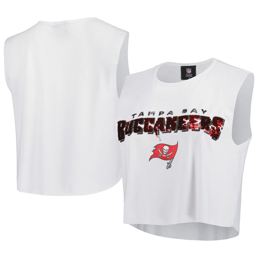 Women's Cuce White Tampa Bay Buccaneers Sequin Tri-Blend Cropped Tank Top