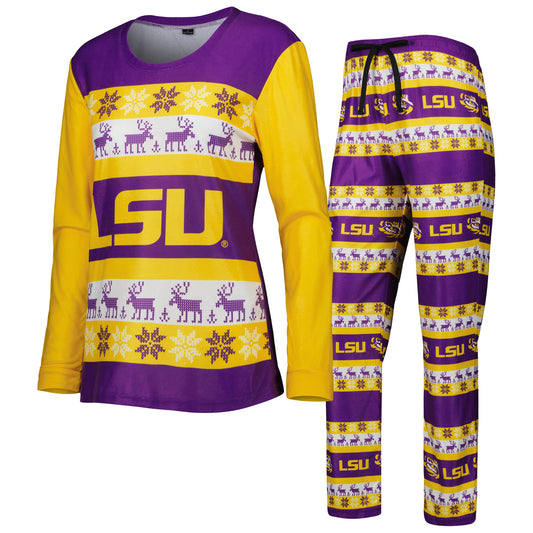 Women's FOCO Purple LSU Tigers Ugly Long Sleeve T-Shirt & Pajama Pants Sleep Set