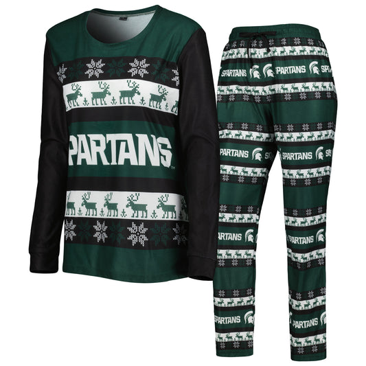 Women's FOCO Green Michigan State Spartans Ugly Long Sleeve T-Shirt & Pajama Pants Sleep Set