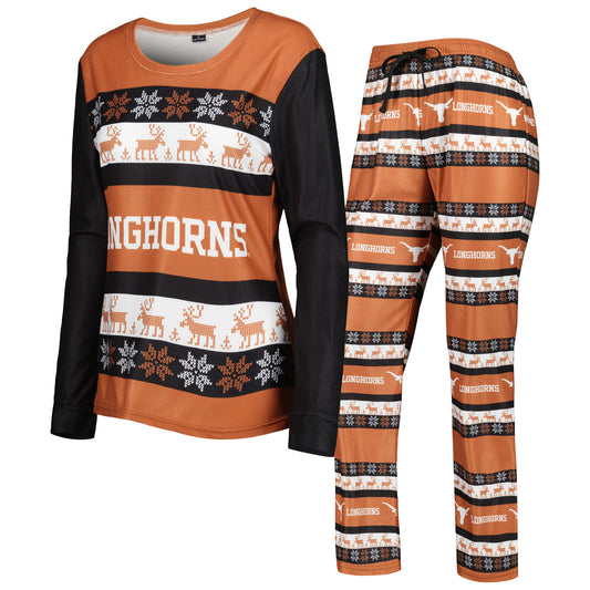 Women's FOCO Texas Orange Texas Longhorns Ugly Long Sleeve T-Shirt & Pajama Pants Sleep Set