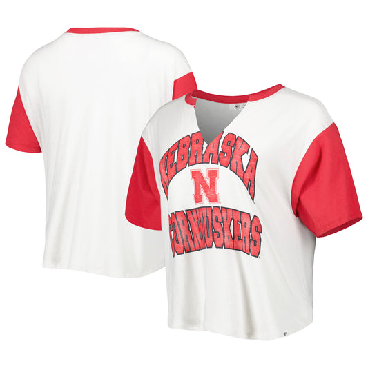 Women's '47 White/Scarlet Nebraska Huskers Inner Glow Dolly Cropped V-Neck T-Shirt